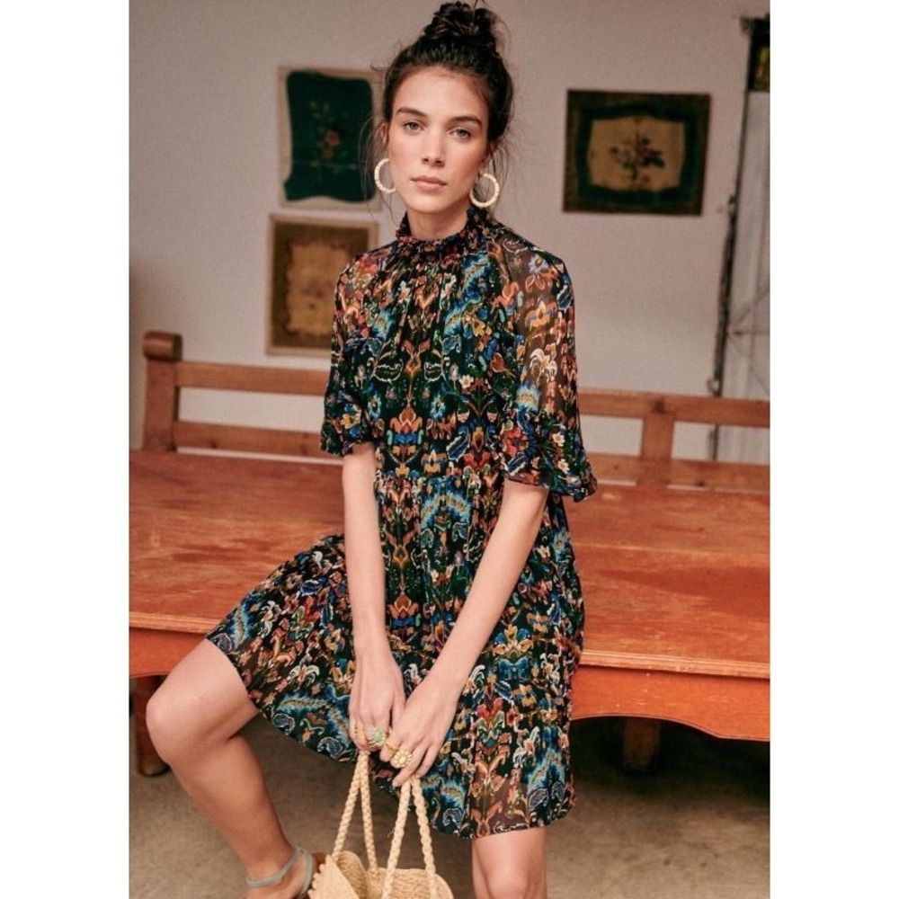 Sézane Ninon Ikat Mini Dress EU 34 US 2 Navy Multicolor Ruffle Boho Chic NWT